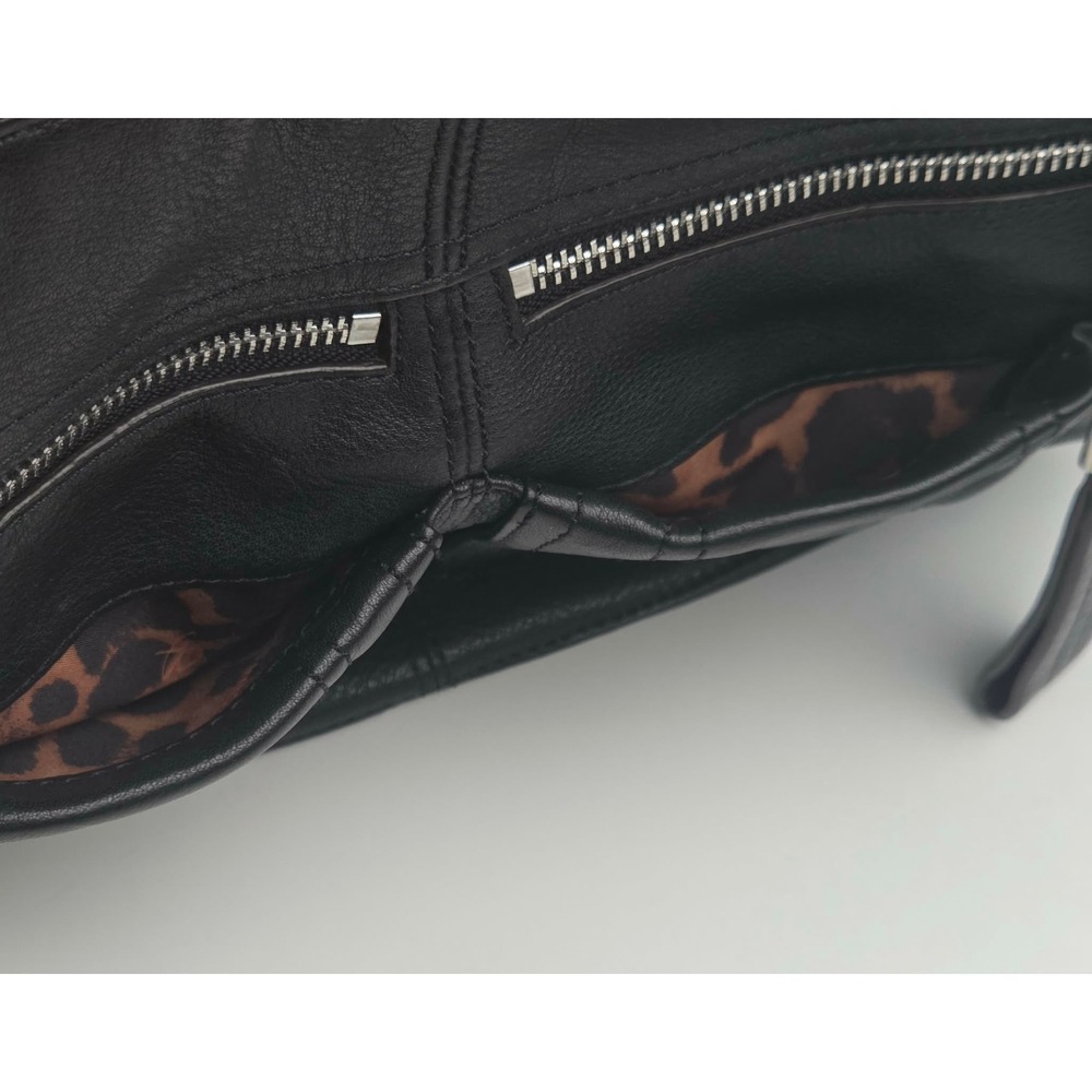 B. Makowsky Black Leather Hobo Shoulder Bag Leopard Print Lining - Picture 12 of 16